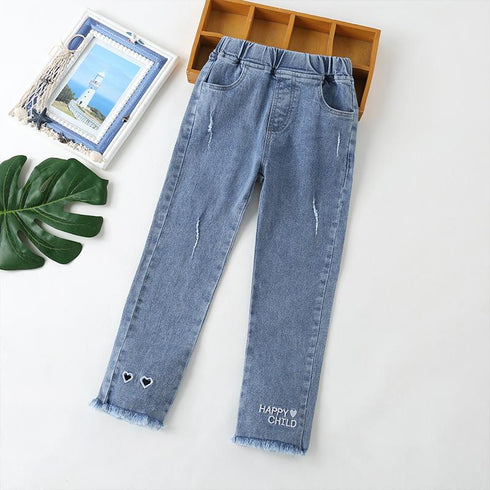Spring And Autumn Embroidered Girls Jeans Slim-Fit Casual Pants